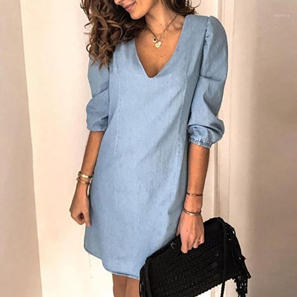 

new summer woman elegant dress solid color v neck half sleeve elastic cuff loose mini denim dresses party club beach street work1, White;black