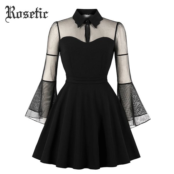 

rosetic women gothic mini dress black mesh patchwork see-through flare sleeve draped elegant plus size party short dresses y200102, White;black