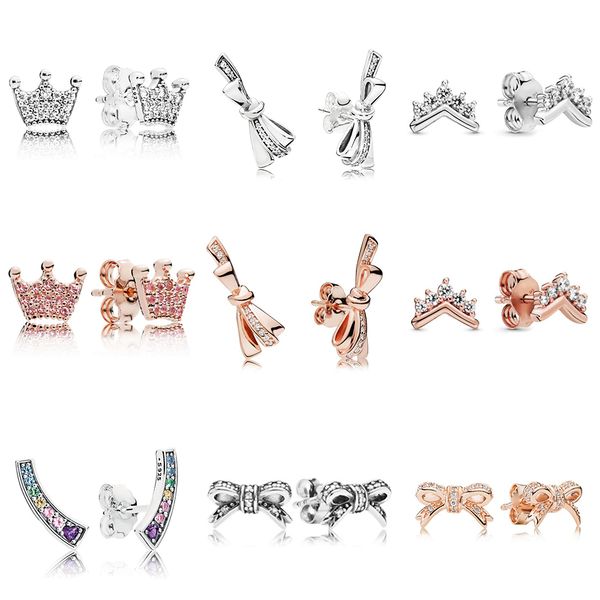 

pam s925 sterling silver crystal crystal magnolia crown bow earrings fresh temperament earrings for women, Golden;silver