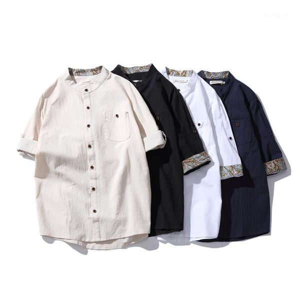 

men's casual shirts men vintage summer linen shirt mens fashion leisure male harajuku clothes short sleeve japanese 2021 1, White;black