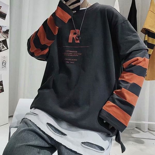 

men's fashion stitching stripe long sleeve t-shirt loose and handsome base coat simple cec casual, White;black