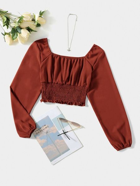 

solid ruched bust scoop neck shirred blouse q67x#, White