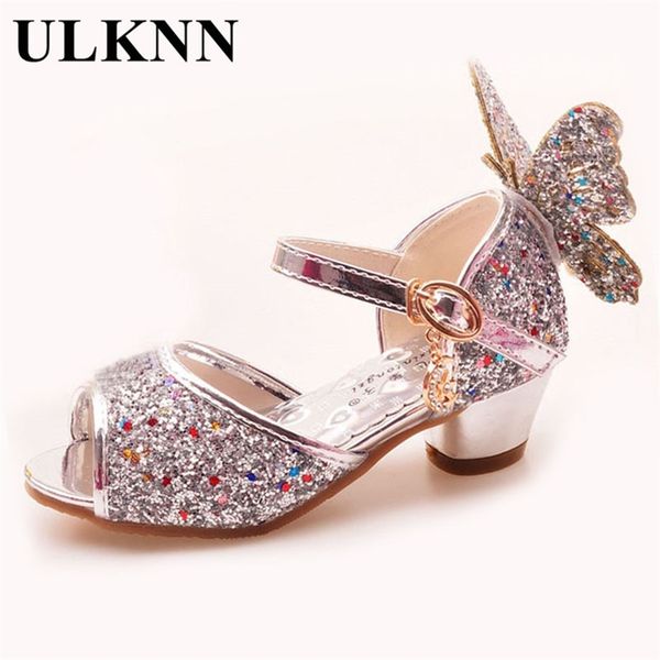 

ulknn girls sandals rhinestone butterfly pink latin dance shoes 5-13 years old 6 children 7 summer high heel princess shoes kids t200703, Black;red