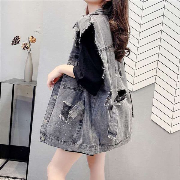 

new 2021 spring denim woman's vest vintage single jacket breasted hole with no sleeves jeans jackets y165 cj2b g0vs, Black;white