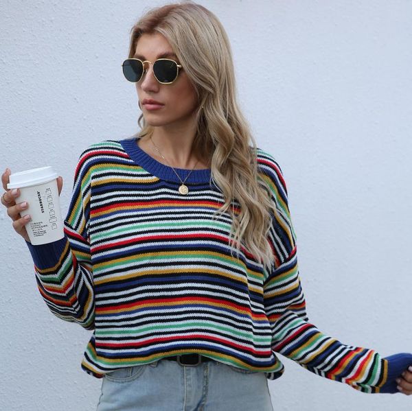 

ladies fashion knnited sweater long striped rainbow blouses contrast stitching loose pullover women outwear mujer#30, White;black