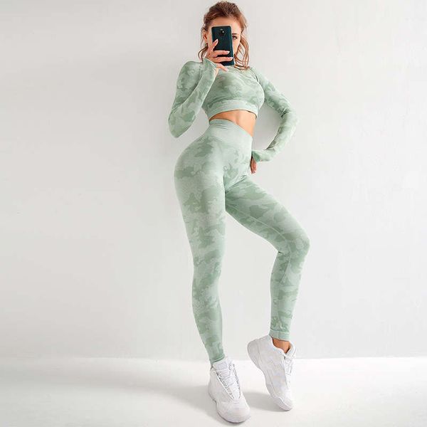 

sports women's large camouflage tight high elastic fitness seamless yoga suit long sleeve two piece set, Gray