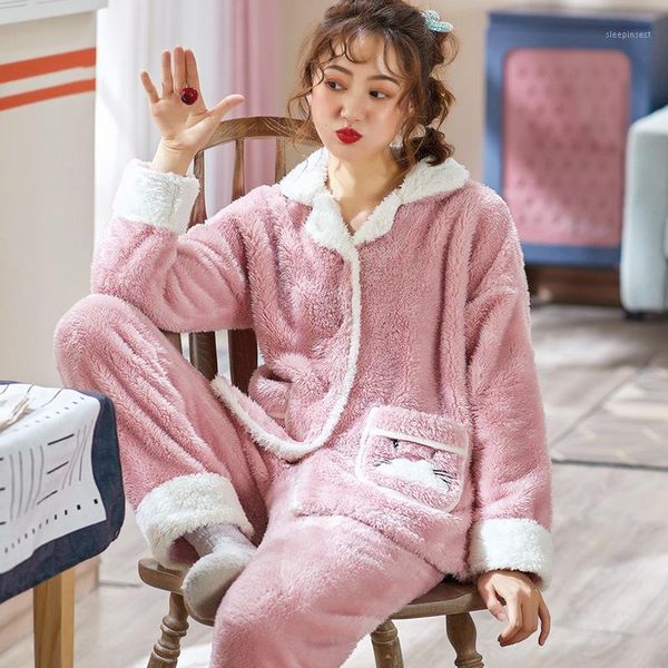 

plush pajamas women autumn winter flannel cute korean fresh girls plus size can wear coral fleece warm comfortable casual loose1, Gray