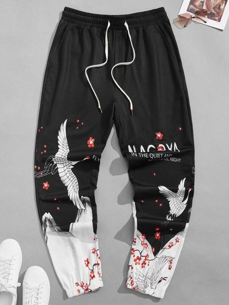 

men crane & floral print drawstring waist sweatpants r5d0#, Black