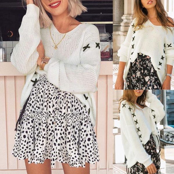 

women's sweaters women loose knitted solid color casual long sleeve v-neck cross strap autumn & winter ladies pullover sweater drop shi, White;black