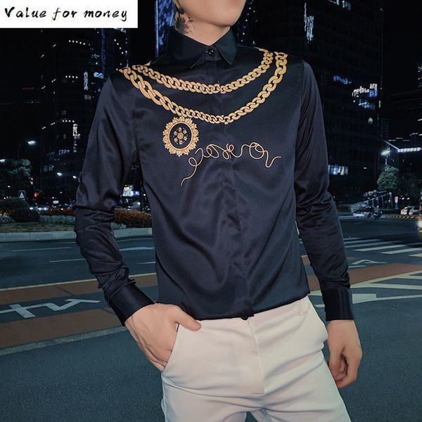 

print gold luxury men shirt casual slim fit long sleeve male dress shirts club work vintage tuxedo shirt camisa social masculina c1212, White;black