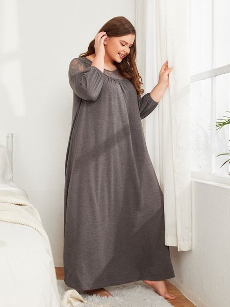 

plus contrast lace lantern sleeve nightgown o2cj#, Black;white