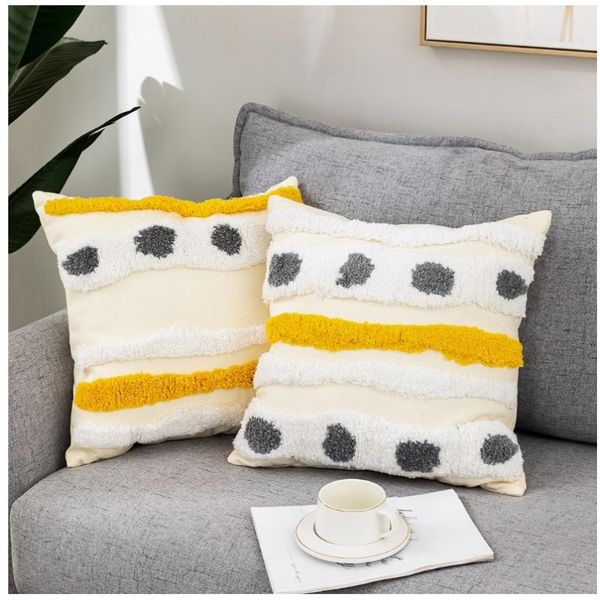 

cushion/decorative pillow yellow stripe embroidery cushion cover grey dot geometric canvas cotton square 45x45cm decorative pillowcae