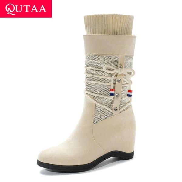 

qutaa 2020 scrub knitting height increasing casual mid calf boots fashion wedge heel round toe lace up women shoes size 34-43, Black