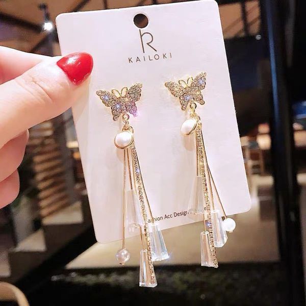 

dangle & chandelier shiny gold color crystal butterfly earring for women bijoux long tassel earrings statement gifts, Silver
