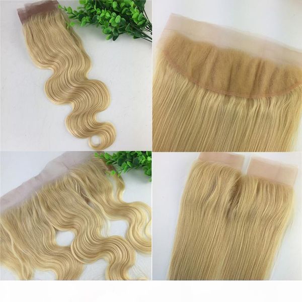 

13x4 brazilian lace frontal closure 613 bleached blonde human virgin hair straight body wave bleached knots part, Black