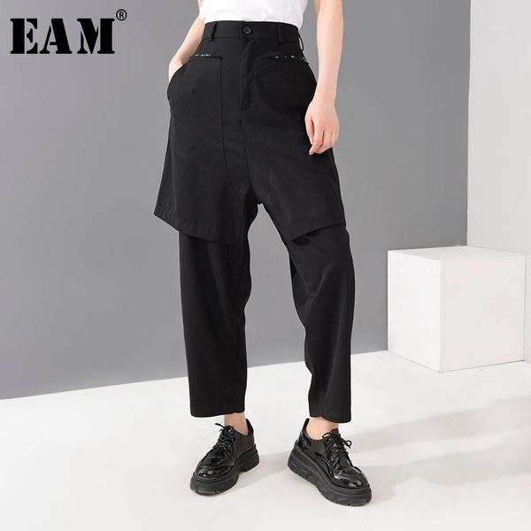 

eam] high waist black big pocket split long burr trousers new loose fit pants women fashion tide spring summer 2020 1h296011, Black;white