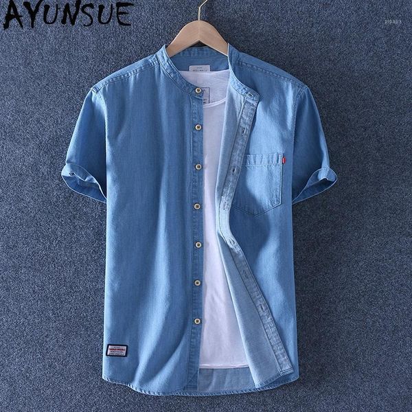 

ayunsue 100% cotton shirt men summer casual denim shirt plus size shirts for men clothes korean vintage short sleeve dllzjnz011, White;black