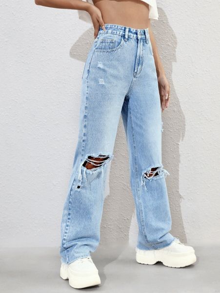 

high waist ripped raw cut jeans m2hb#, Blue