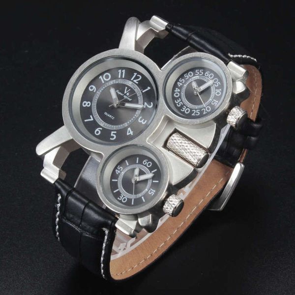 

men's trendy new zone multi time watch three time zone creative big belt quartz watcho0ae, Slivery;brown