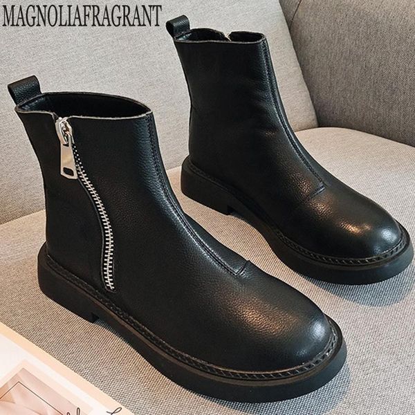 

Women Ankle Boots Genuine Leather Woman Boots Autumn Winter Leather zipper booties High-top retro motorcycle single boot y437, Black