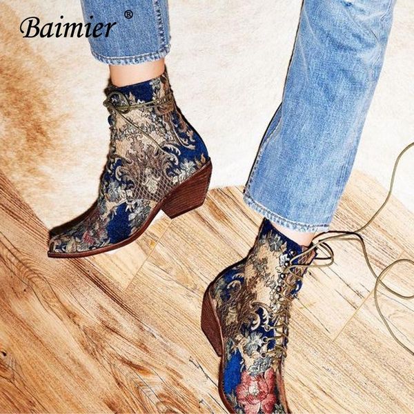 

boots baimier genuine leather women handmade embroider lace up ankle for winter warm plush high heels, Black