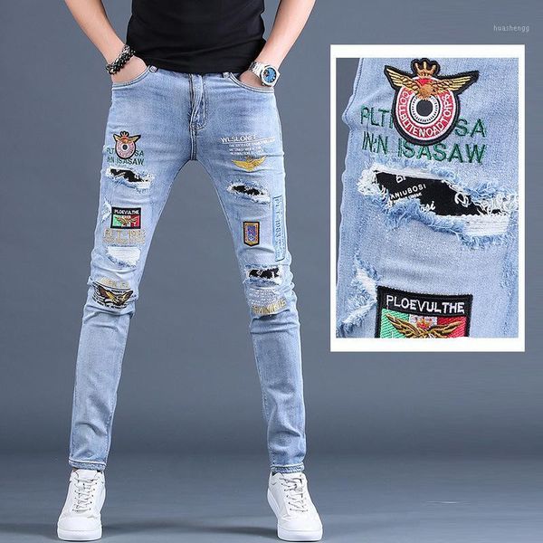 

summer thin embroidered jeans men's ripped pants skinny jeans men1, Blue