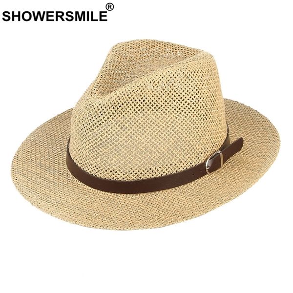 

showersmile men straw hats summer women jazz hat with belt khaki hollow breathable beach vintage male ladies fedora hat y200714, Blue;gray
