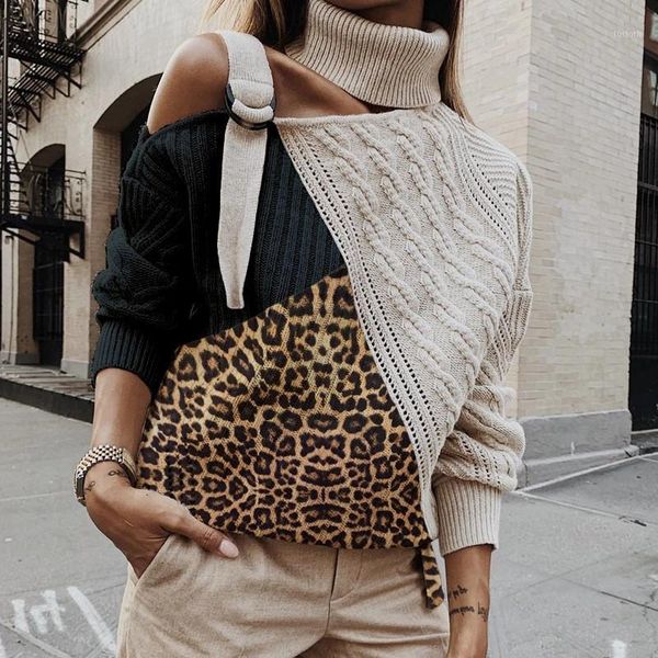 

patchwork knitted turtleneck leopard sweater women off shoulder autumn sweaters pullover winter long sleeve oversized sweater1, White;black