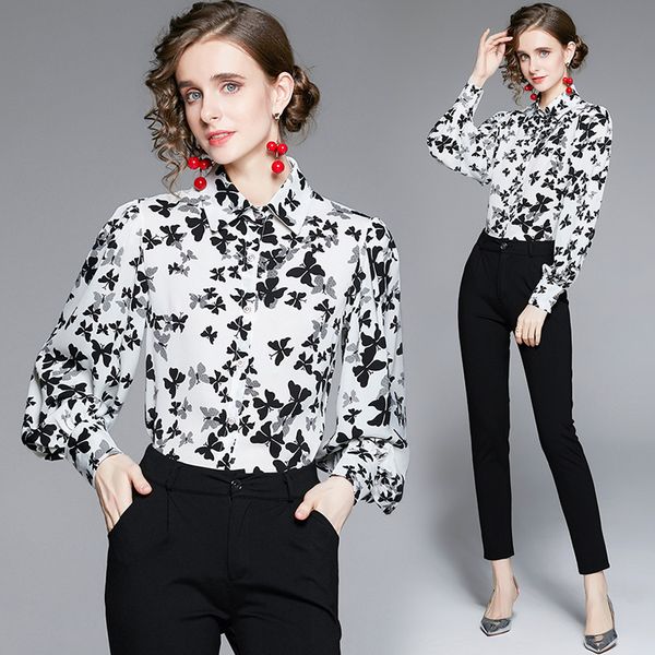 

elegant puff sleeve floral shirts women 2022 luxury designer runway button long sleeve vintage print collar blouses casual office business c, White