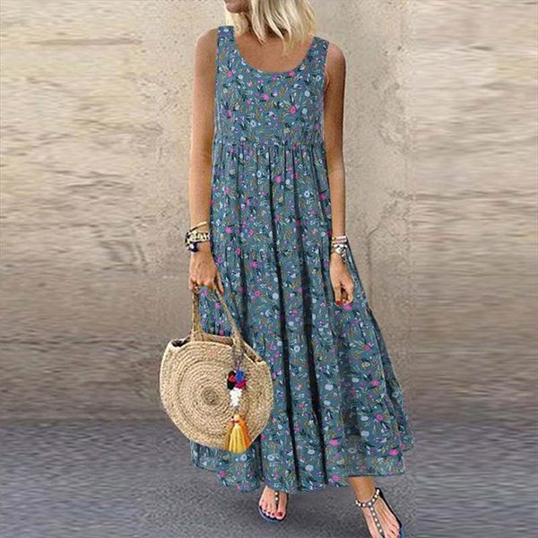 

bohemian floral printed sundress women sleeveless tanks dresses robe summer beach dress femme vintage party vestido plus size, Black;gray