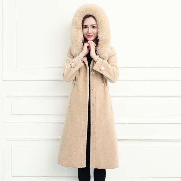 

ladies a wool long section new sheepskin grain fox fur grass warm coat g6pb, Black