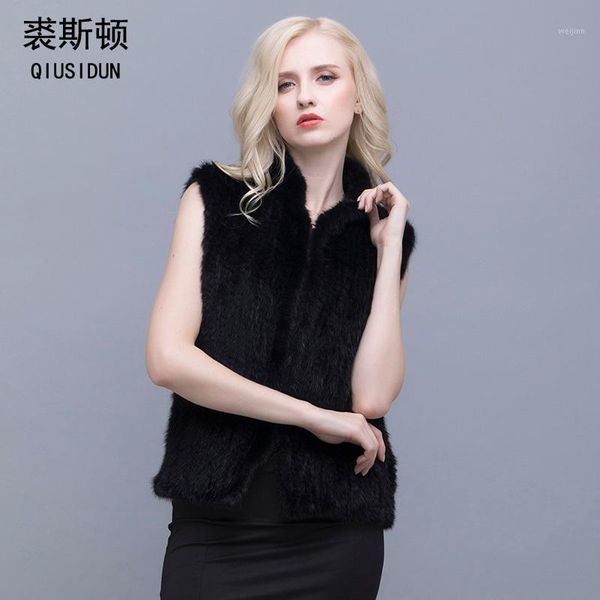 

qiusidun 2017 genuine mink knitted fur vest womens fur vests big size women's winter vests coats women fashion black1, Black