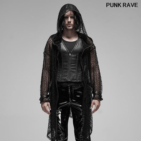 

fashion knit adjustable metal buckle sleeve loose hooded jacket classic black mesh hooded men long coat punk rave wy-1146xcm1, Tan;black
