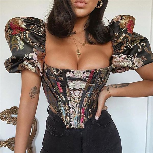 

lucyever vintage puff sleeve floral embroidery woman square neck corset blouse woman backless slim fit shirt female, White