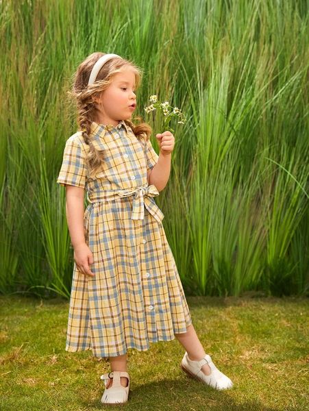 

toddler girls plaid print button front belted dress she, Red;yellow