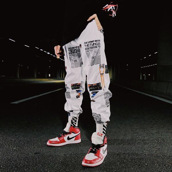

printing pants elastic waist hip hop long pants women harajuku high waist new fashion casual harajuku streetwear trousers, Black;white