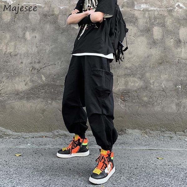 

casual pants men multi-pockets ankle length lace-up bundle solid loose ins fashion leisure oversize tees cargo trousers korean1, Black