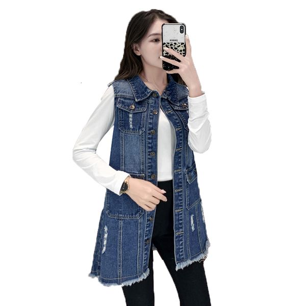 

meals in length of blue women plus size 6xl spring new 2021 casual fashion vest women's holes denim jacket r158 bumd, Black;white