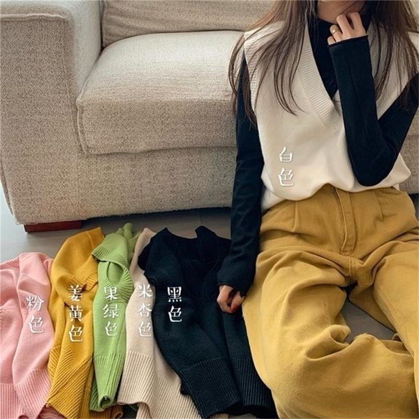 

winter autumn women sweater sleeveless sweet solid color loose slim vest jumpers pull femme v neck knitted y201128, White;black
