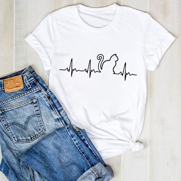 

женщины леди ленты лето кошка сердцебиение мультфильм дамы tee tshirt женские женские топ-рубашки одежда графическая одежда футболка, White