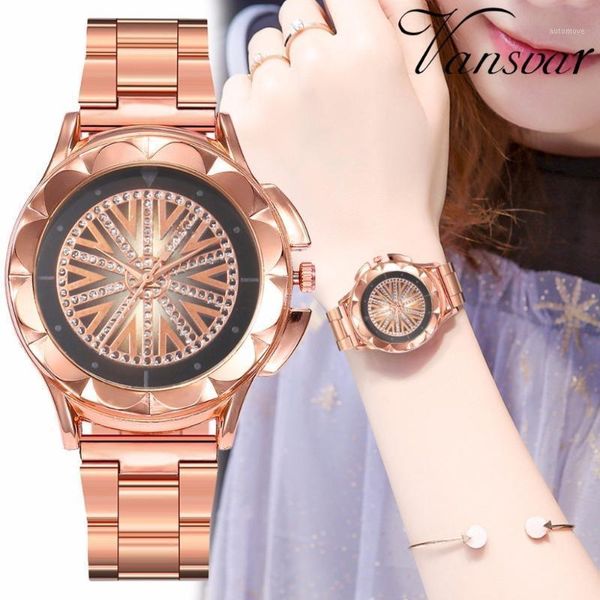 

2021 women rhinestone wrist watch luxury rose gold stainless steel colorful dial quartz watch relogio feminino1, Slivery;brown