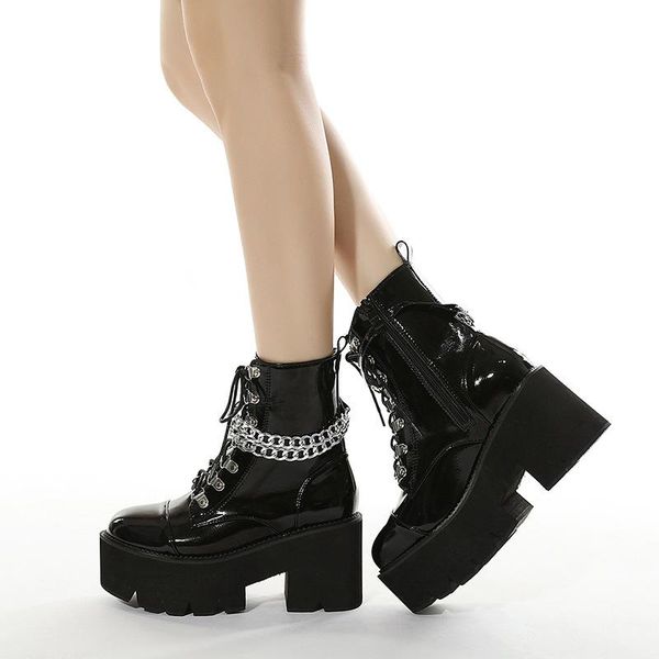 

boots patent leather gothic black women heel chain chunky platform female punk style ankle zipper