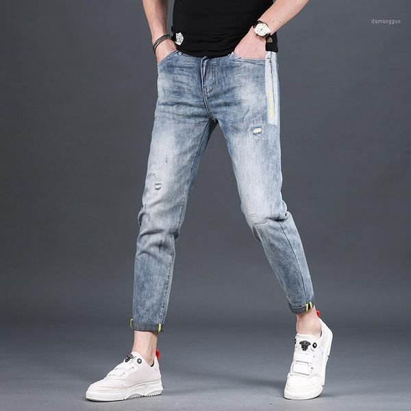 

summer men jeans fashion ripped printed slim fit stretch pencil pants1, Blue
