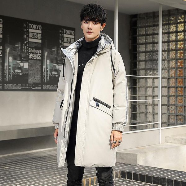 

long down jacket in han edition young men leisure hooded contracted with thick warm coats men's winter, Black