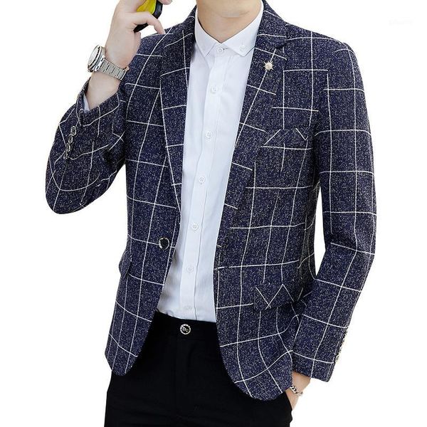 

men suit jacket clothing men casual blazer dress formal jacket coat slim fit male plaid one button charm blazer suit coat1, Black;brown