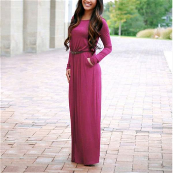 

fashion women long sleeve lady maxi dress long floor-length elegant dresses women autumn casual maxi dresses with belt, Black;pink