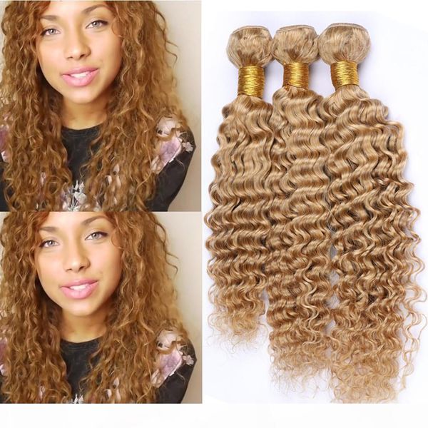 

#27 honey blonde deep wave brazilian human hair bundles 3pcs light brown deep wave curly virgin human hair weave wefts brazilian hair 10-30, Black;brown