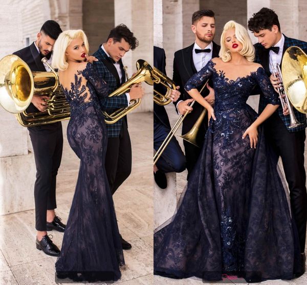 

formal navy blue evening dresses with detachable train lace appliqued mermaid half sleeve prom dress vestido de fiesta de boda, Black;red