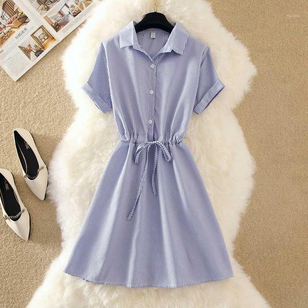 

women's blue stripped dress slim high waist 2020 spring dresses polyester fashion elegant short sleeve work shirts mini vestido1, Black;gray