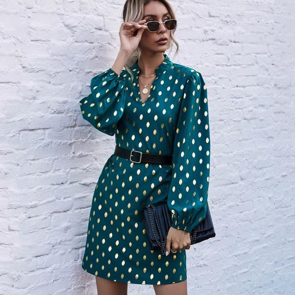 

fashion vintage v-neck polka dot mini dress for womens autumn chiffon a-line black long sleeve elegant dress full summer, Black;gray